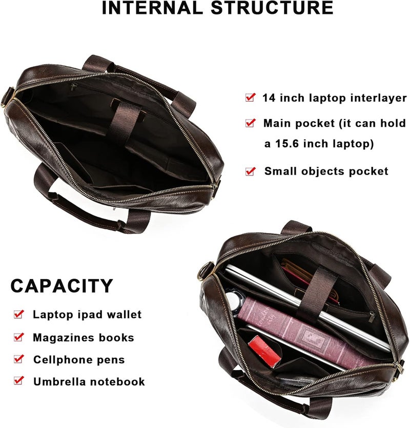 SAIION Genuine Leather Briefcase for Men, Laptop Computer Shoulder Bag With Strap, 15.6 Inch Business Travel Work Handbag - Image 3